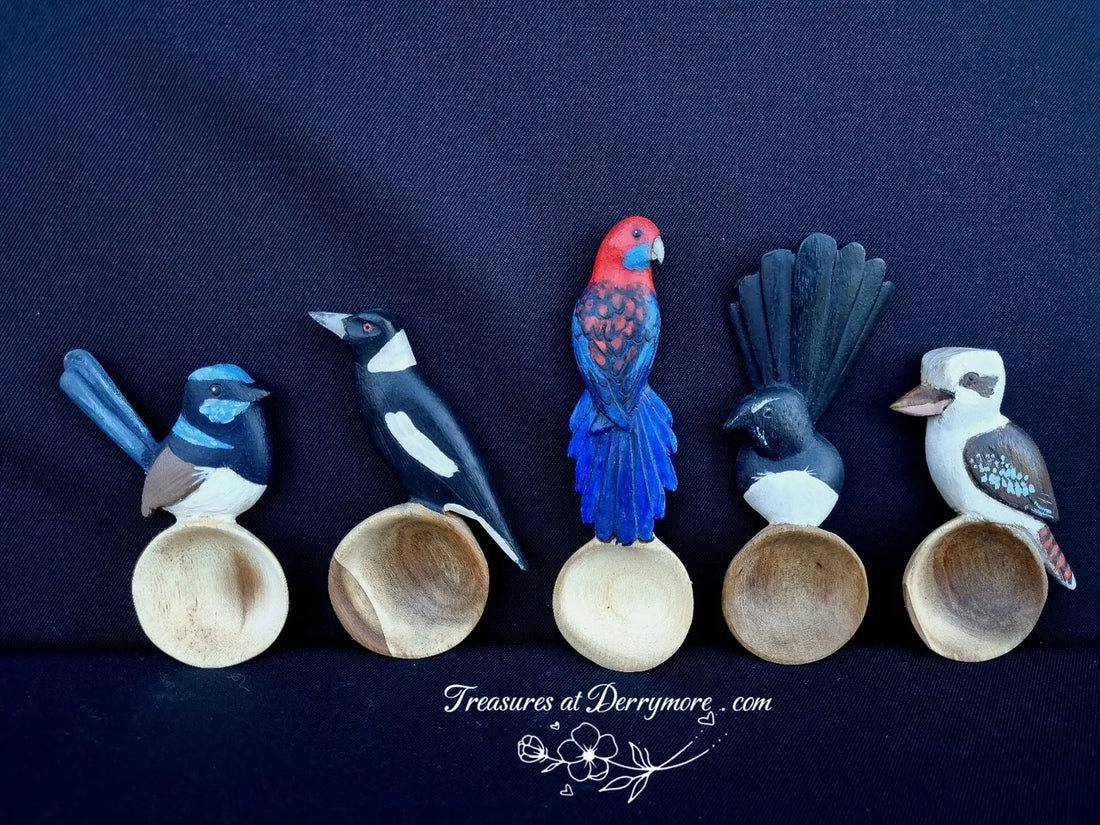 Australian Bird scoops, Dog spoons, carved wren & Williewagtail