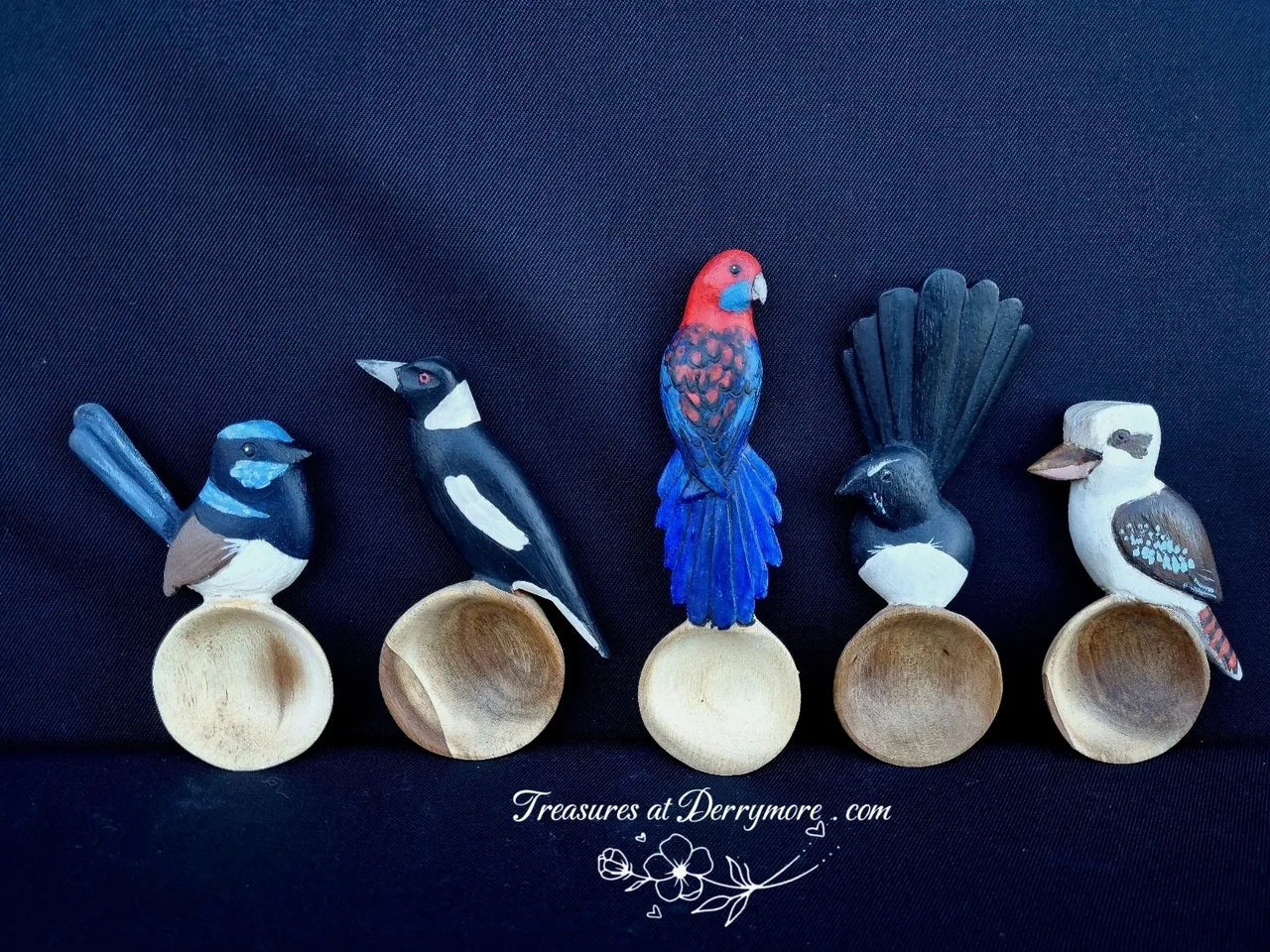 Australian Bird scoops, Dog spoons, carved wren & Williewagtail