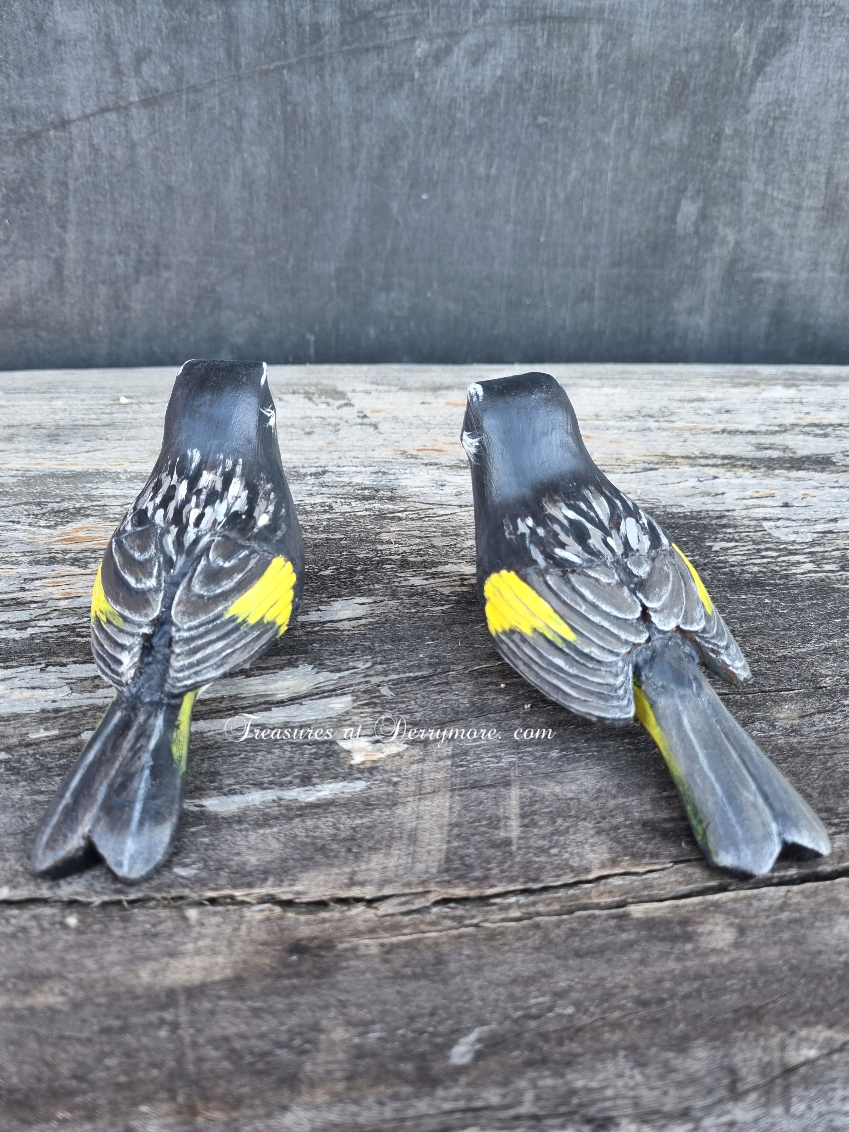Back view of hand carved & painted Australian bird, New
Holland Honeyeater. Detailed carving on the wings