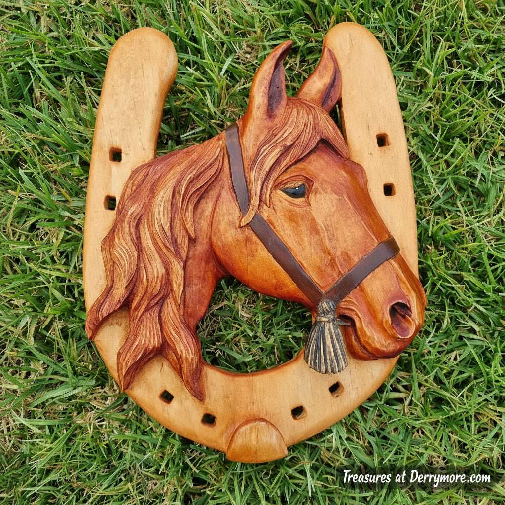 Wooden horse head ornament on a grass background