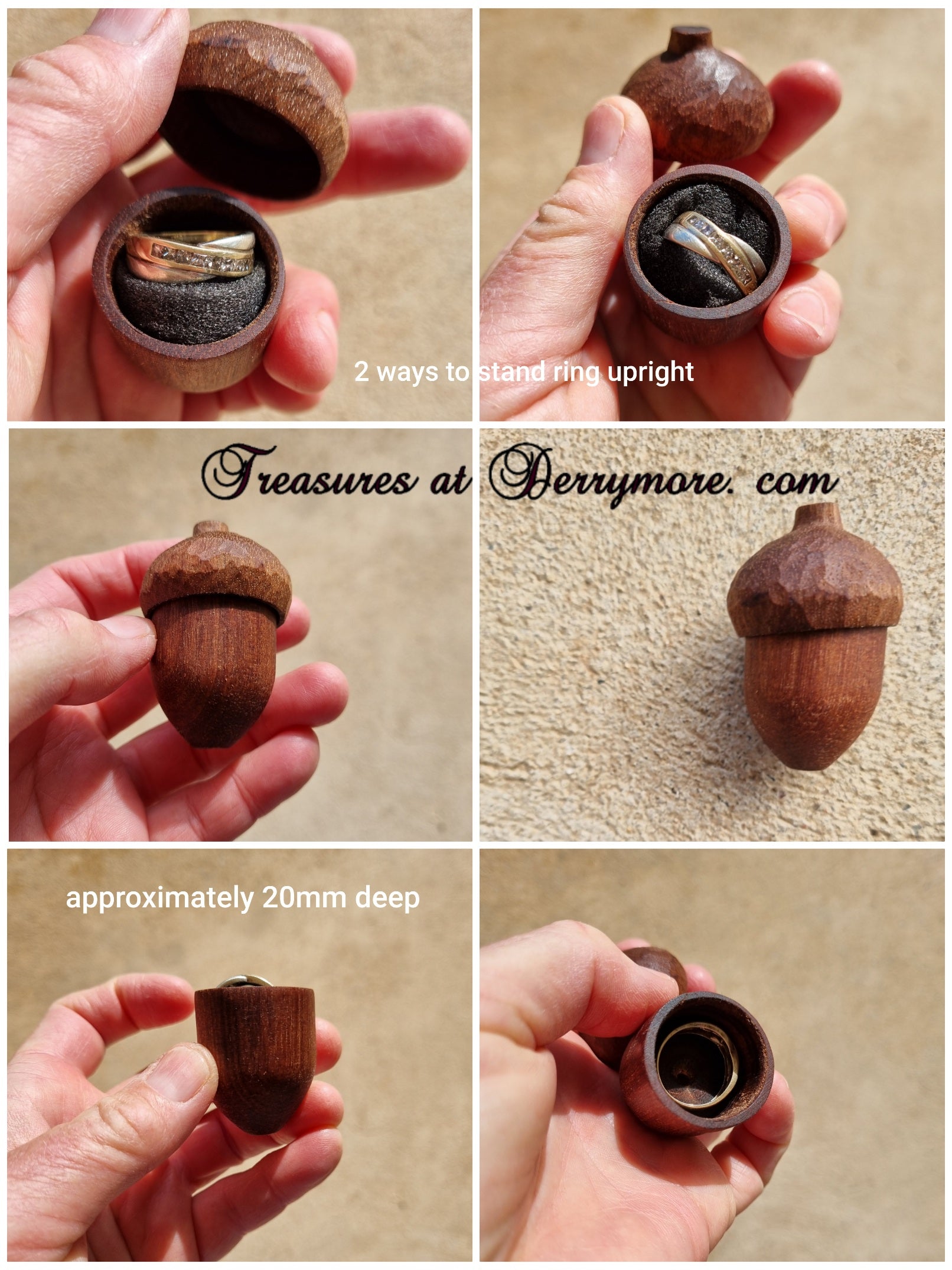 Six-panel collage showing a wooden acorn ring holder being demonstrated in a hand. The holder is open to reveal a ring on a dark insert, shown from multiple angles, with text noting '2 ways to stand ring upright,' 'Treasures at Perrymore.