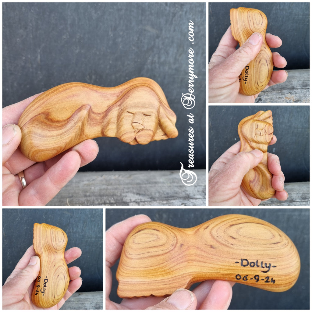 Collage of a carved wooden comfort dog held by a person against a dark background.