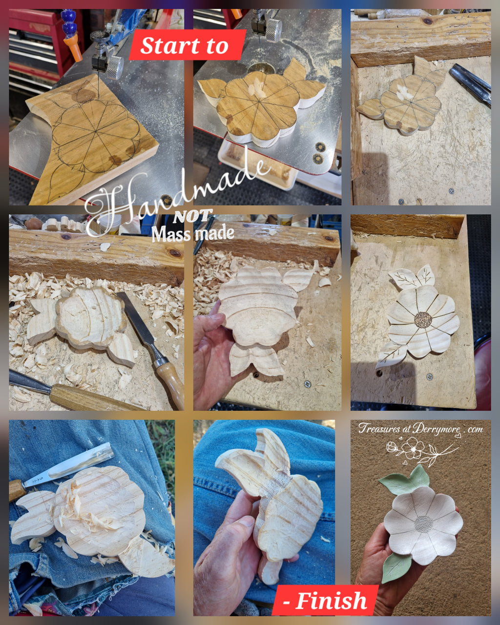 Collage, process of making a hand carved flower shaped dish 