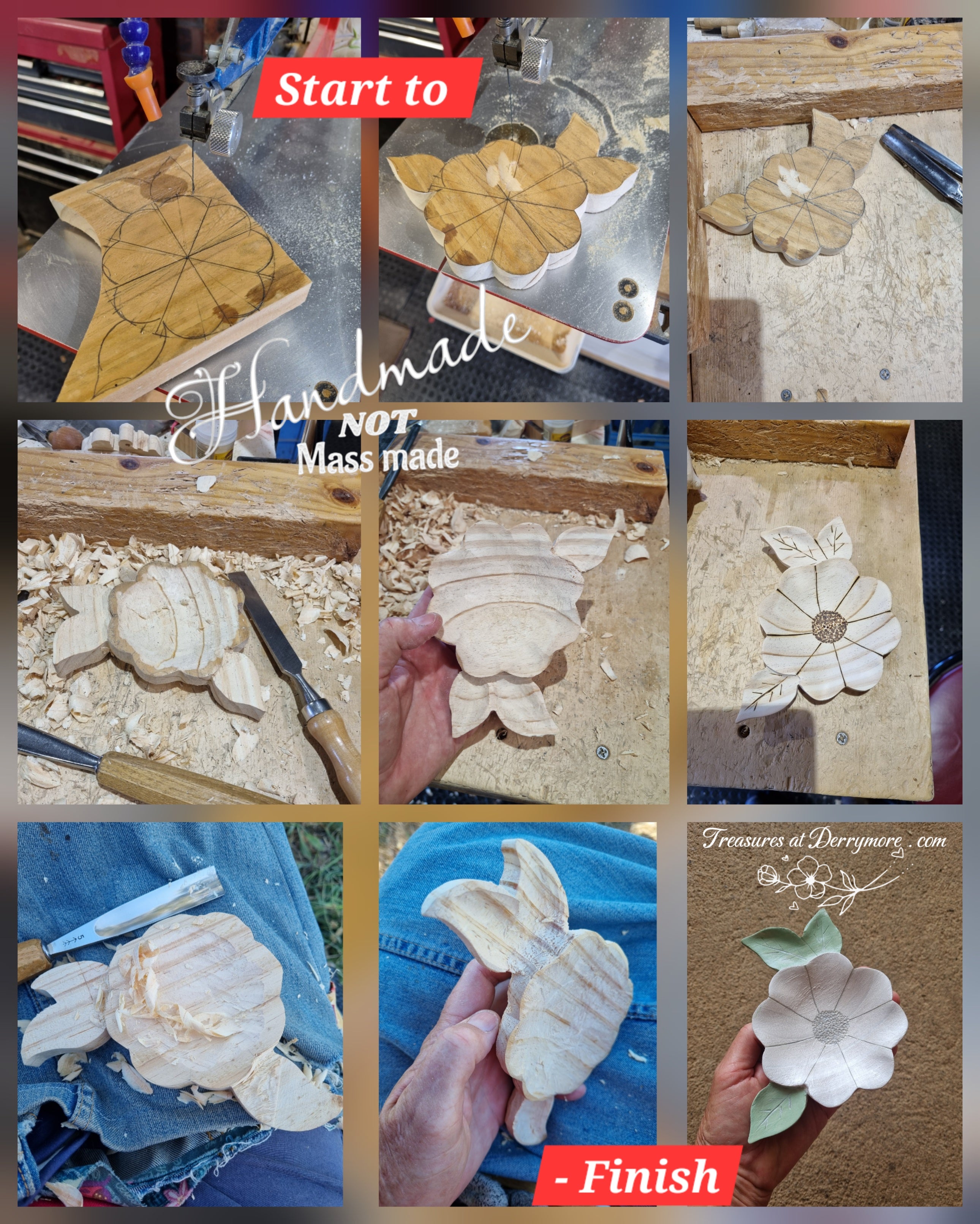 Collage, process of making a hand carved flower shaped dish 