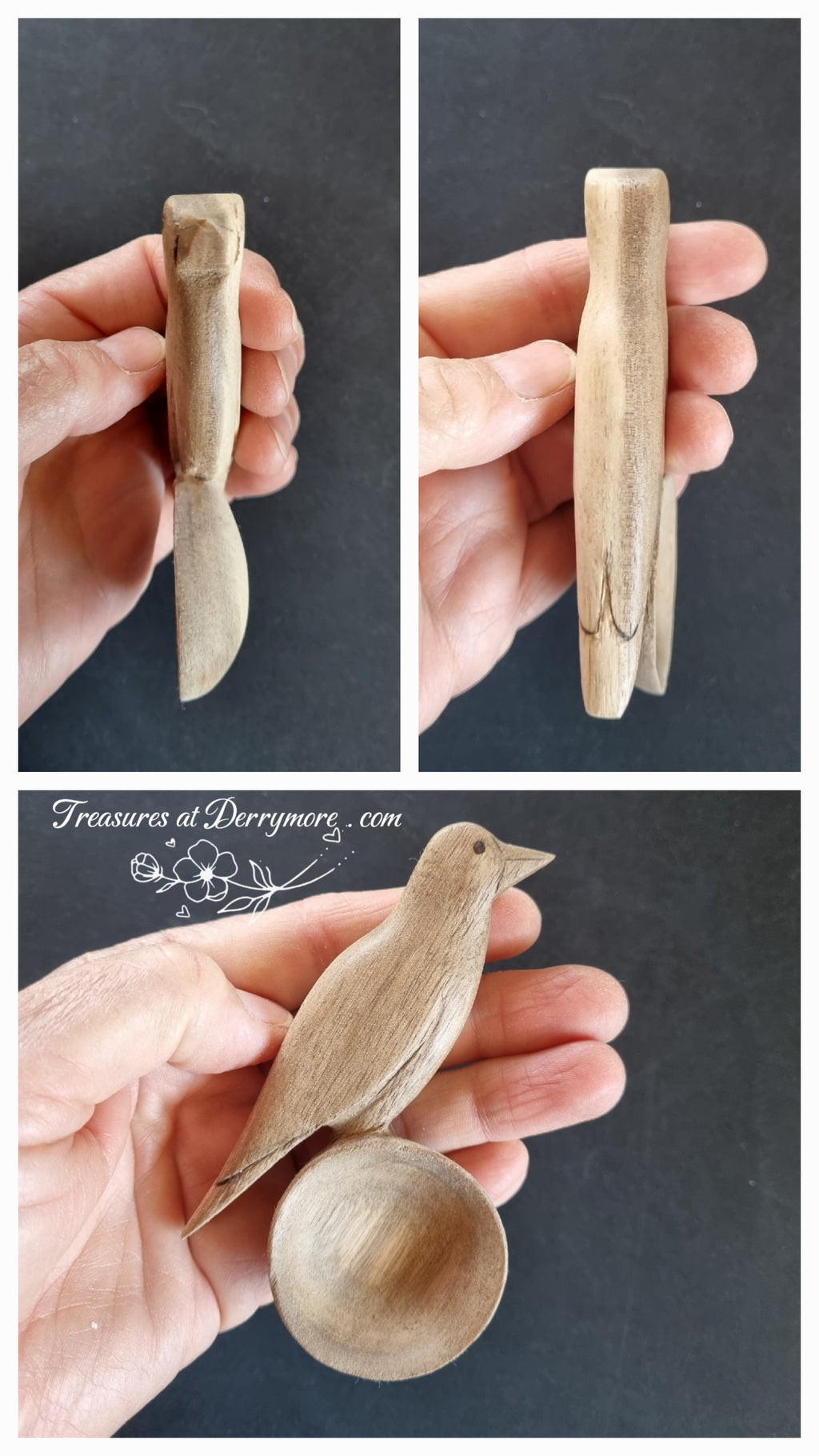 Collage Australian magpie spoon. Natural wood 