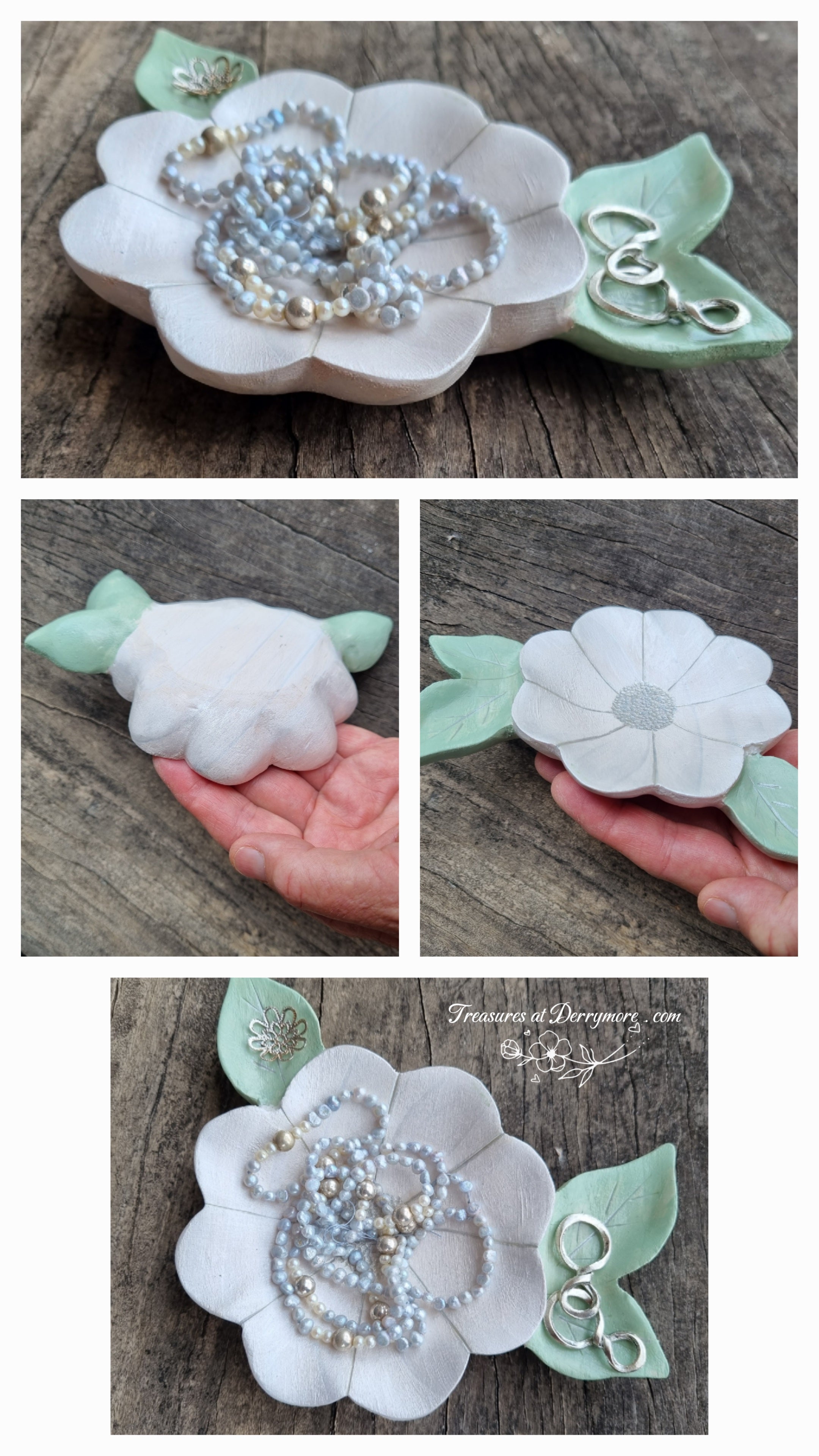 Hand carved, basic flower trinket dish painted white with jewellery 