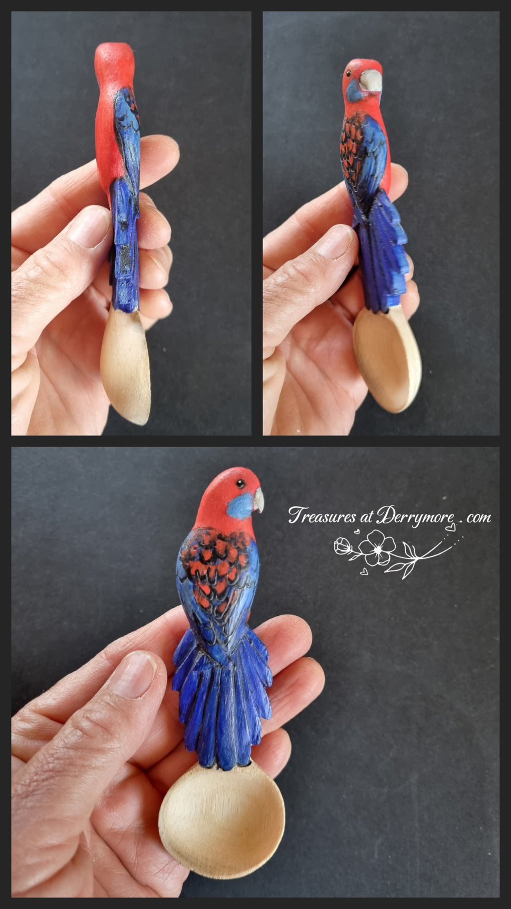 Collage carved & painted Crimson Rosella spoon 