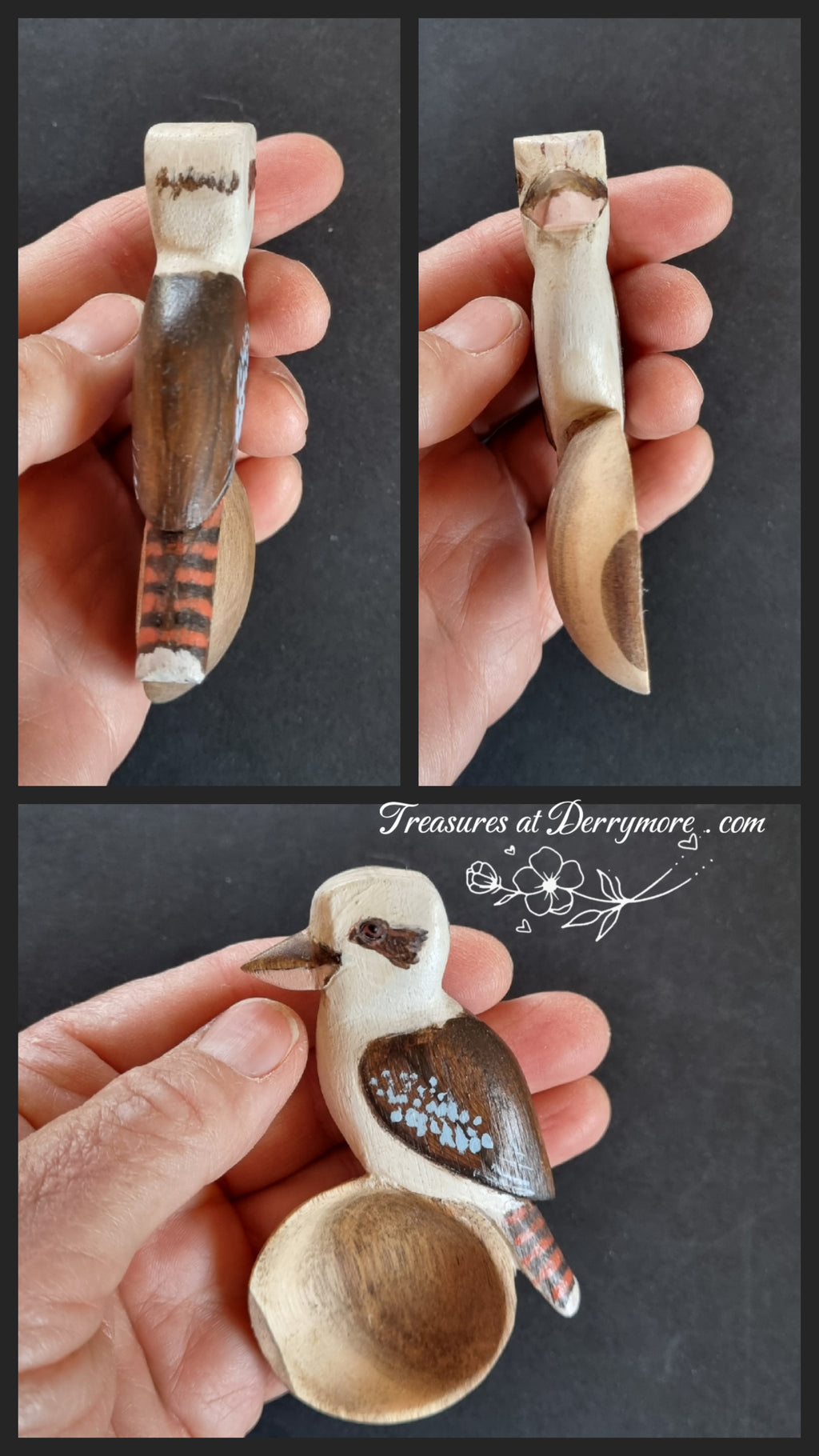 Collage painted kookaburra spoon held in hand 