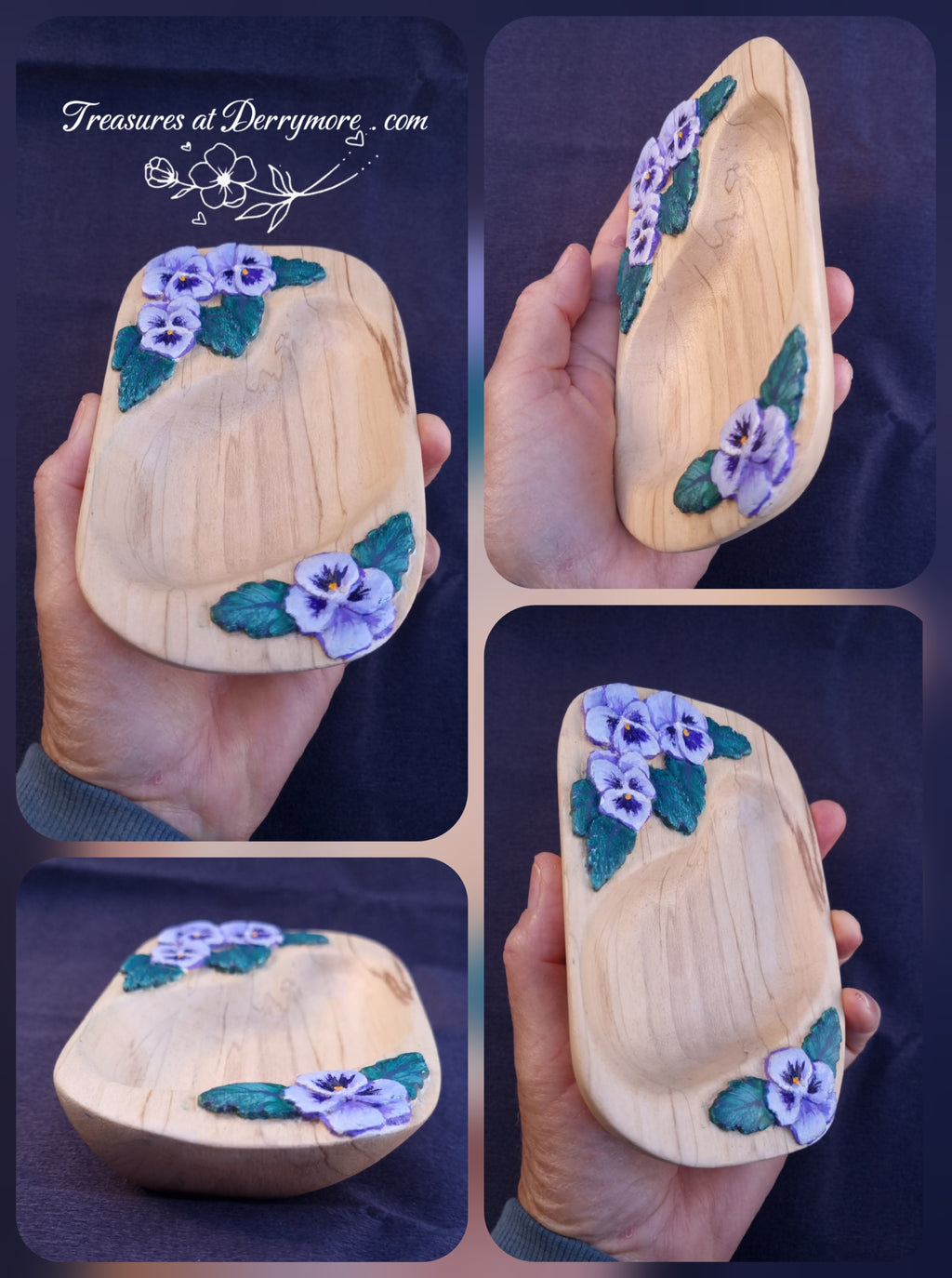 Collage of Hand carved long wooden dish with relief carved pansy flowers painted purple. The wooden dish is natural wood 