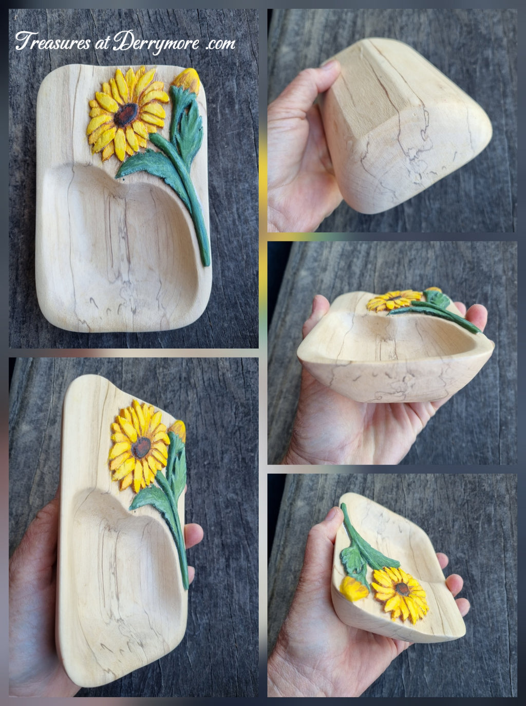 Collage -Hand carved wooden dish with relief carved sunflower painted yellow