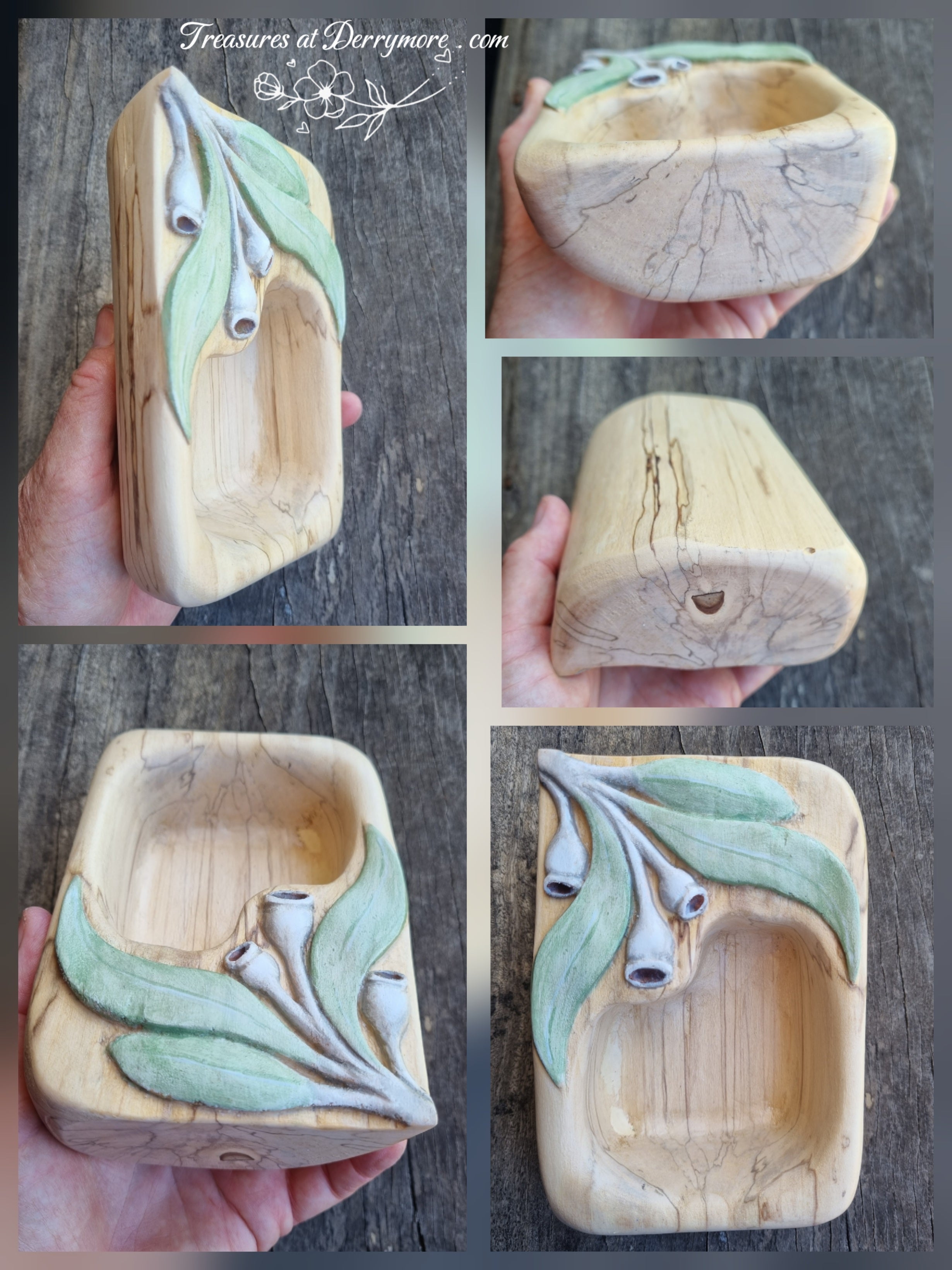 Collage of Hand carved wooden dish with relief carved & painted Eucalyptus leaves at one end with white gumnuts. Wooden dish left natural colour of spalted birch timber