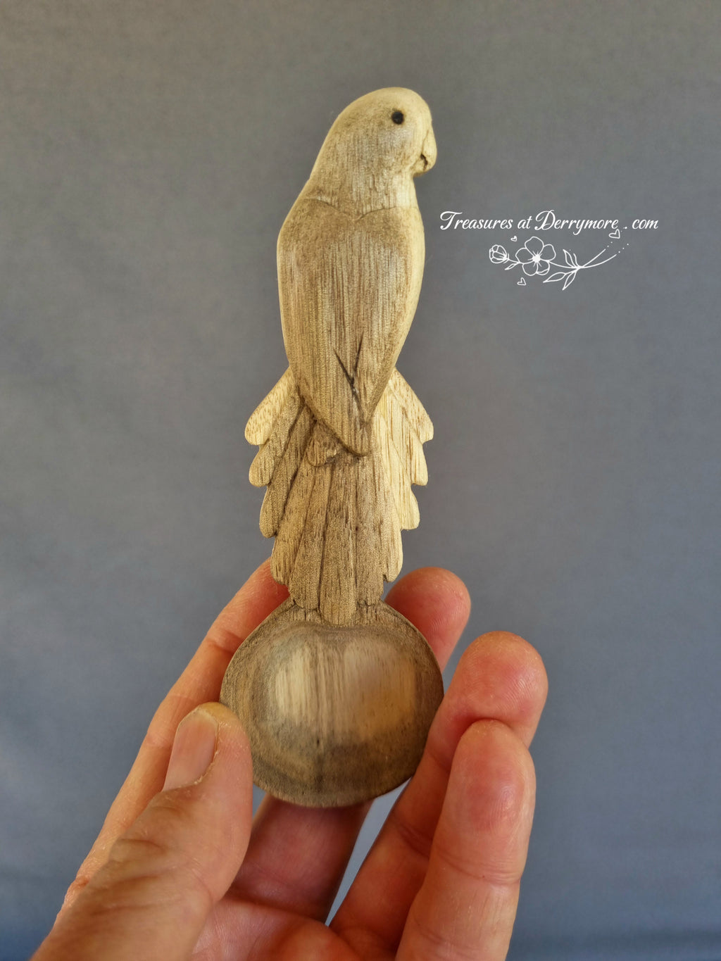 Hand carved wooden Crimson Rosella spoon held in hand