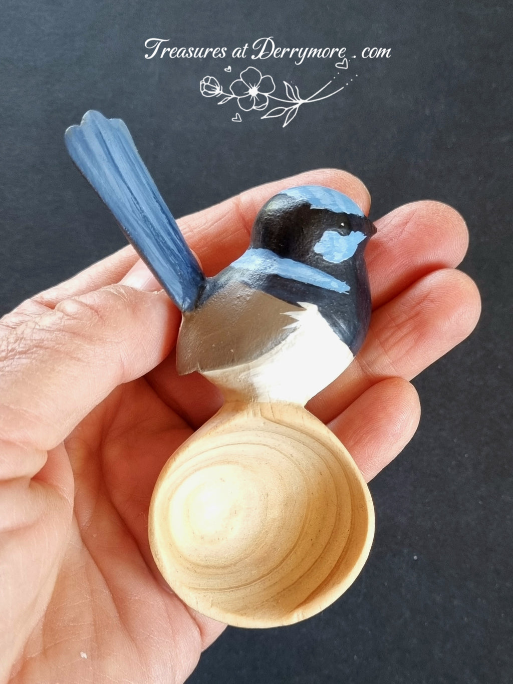 Hand carved wooden spoon painted Superb Fairy wren handle