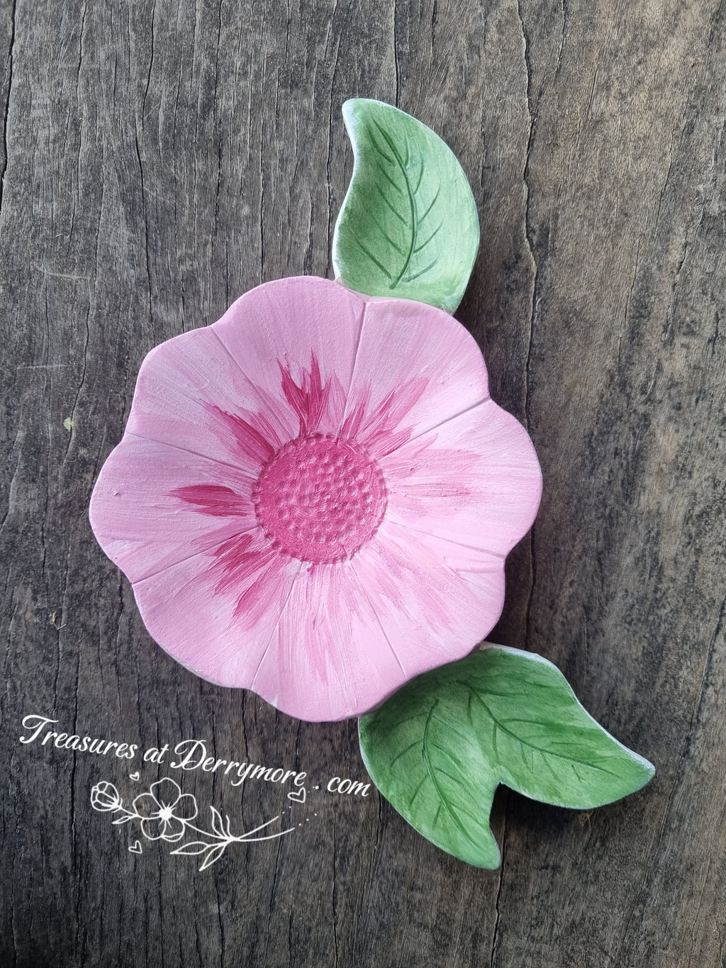 Hand carved and painted pink flower shaped dish with green carved leaves