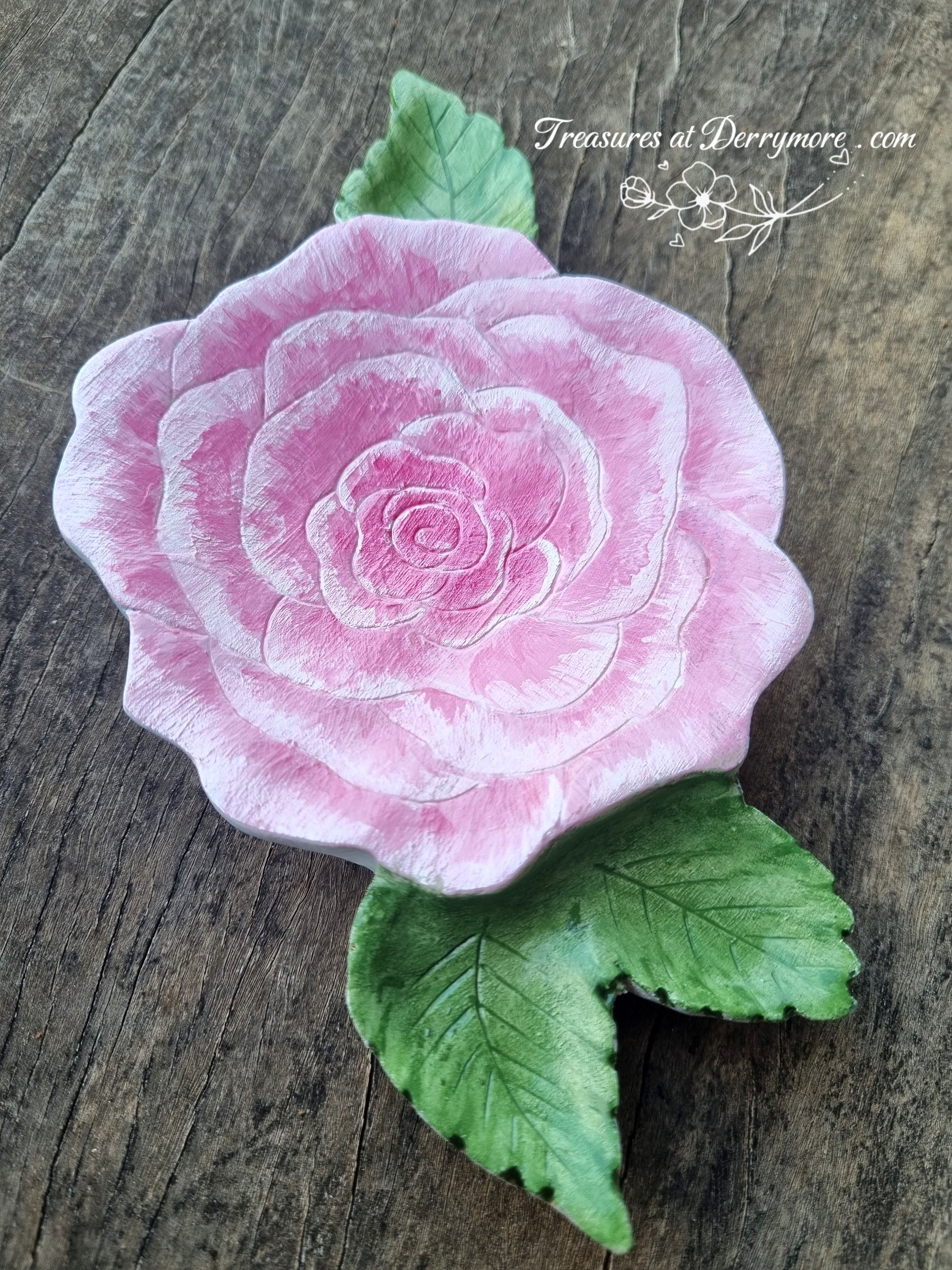 Pink coloured rose shaped dish. Hand made dish, carved & painted pink wooden rose shaped dish with leaves