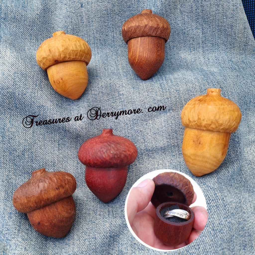 Hand carved wooden acorn ring boxes. Carved from various timbers 