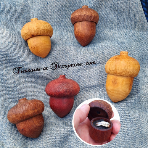 Hand carved wooden acorn ring boxes. Carved from various timbers 
