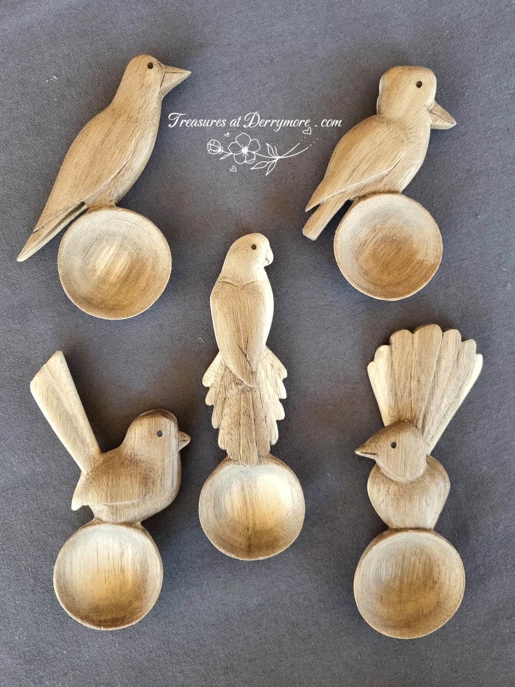 Hand carved Australian bird spoons. wren, rosella, Williewagtail, Magpie, Kookaburra, 