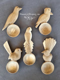Hand carved Australian bird spoons. wren, rosella, Williewagtail, Magpie, Kookaburra, 