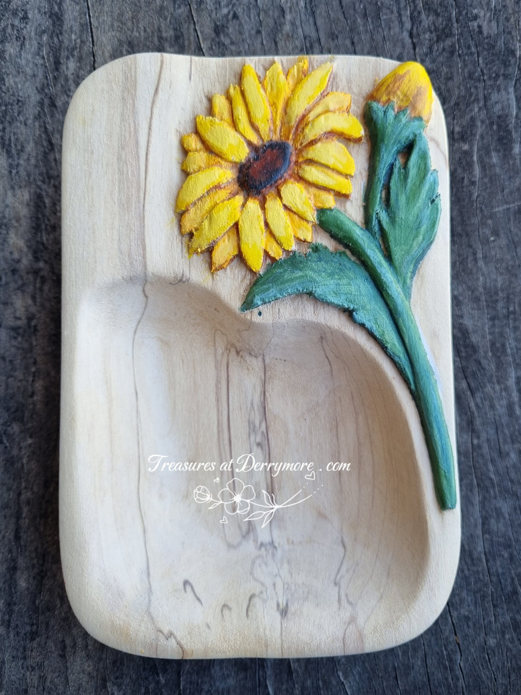 Hand carved wooden dish with relief carved sunflower painted yellow
