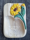 Hand carved wooden dish with relief carved sunflower painted yellow