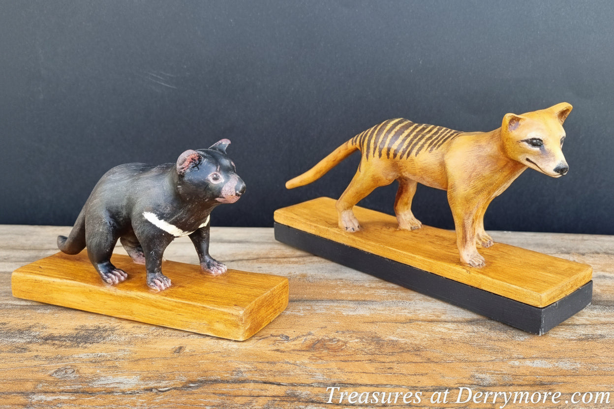Carved wooden Tasmanian tiger & Tasmanian devil 