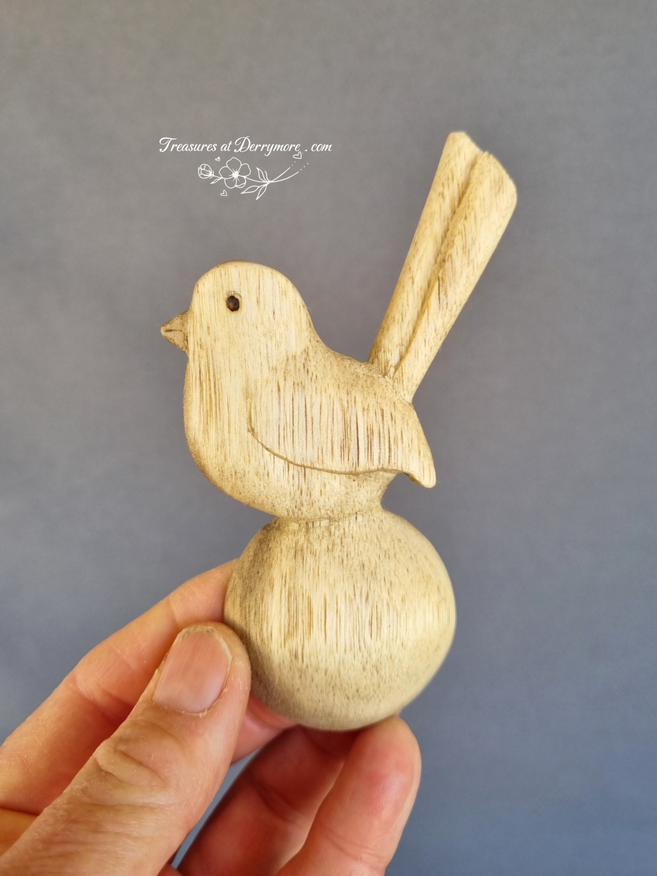 Hand carved wooden spoon, wren handle natural wood 
