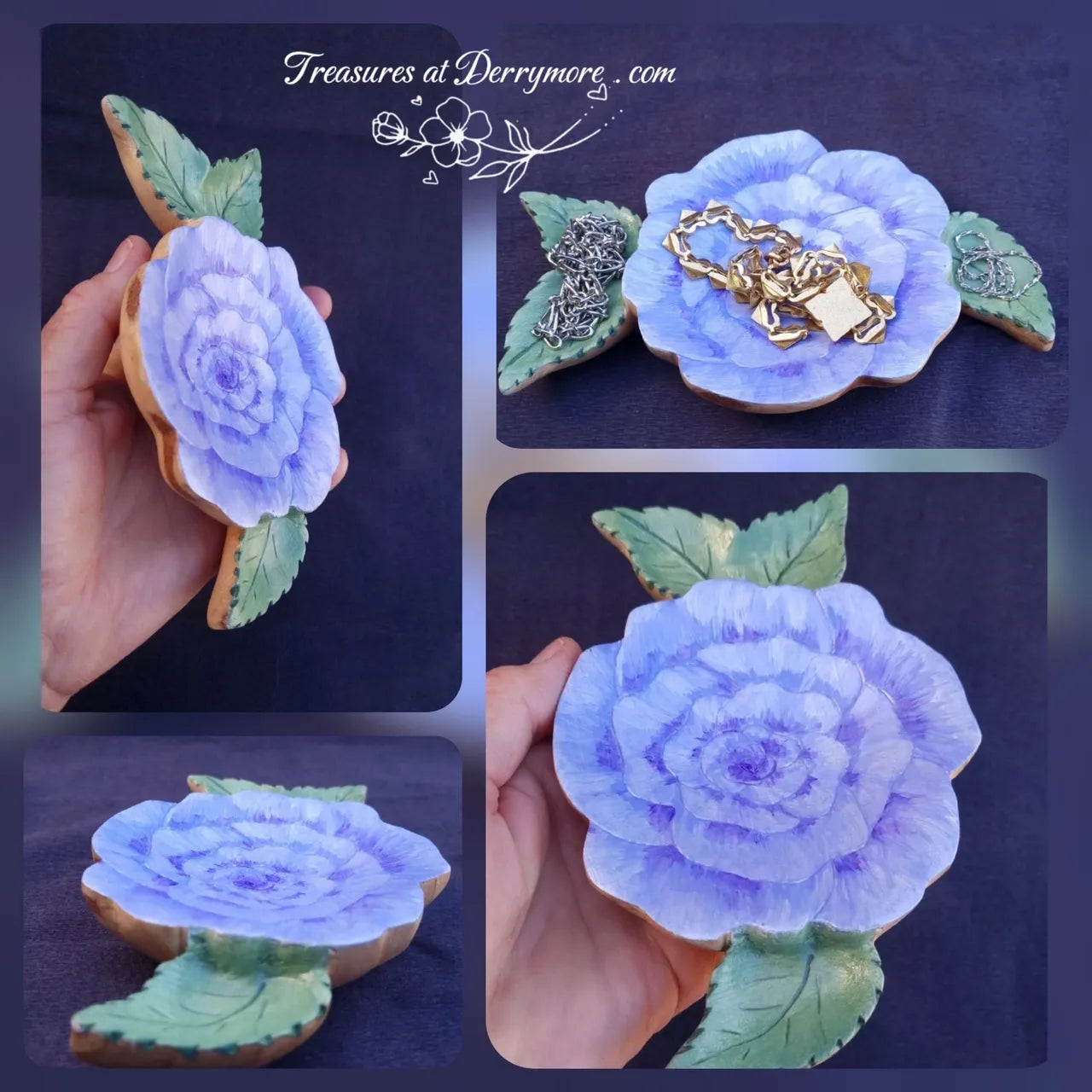Collage of purple rose shaped wooden dish that has been hand carved and painted 