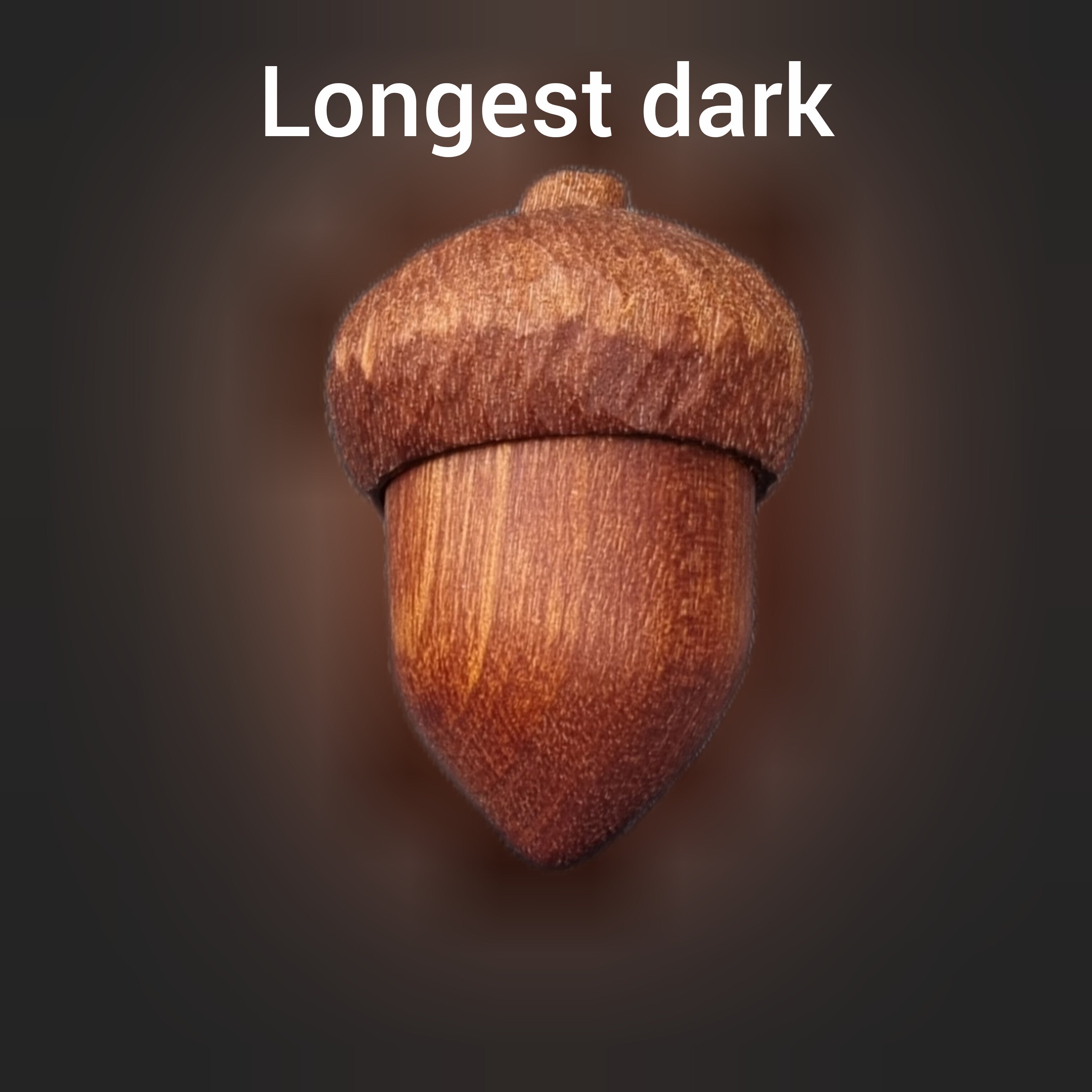 A single brown hand carved acorn ring box centered on a dark gray gradient background with the text 'Longest dark' above it.